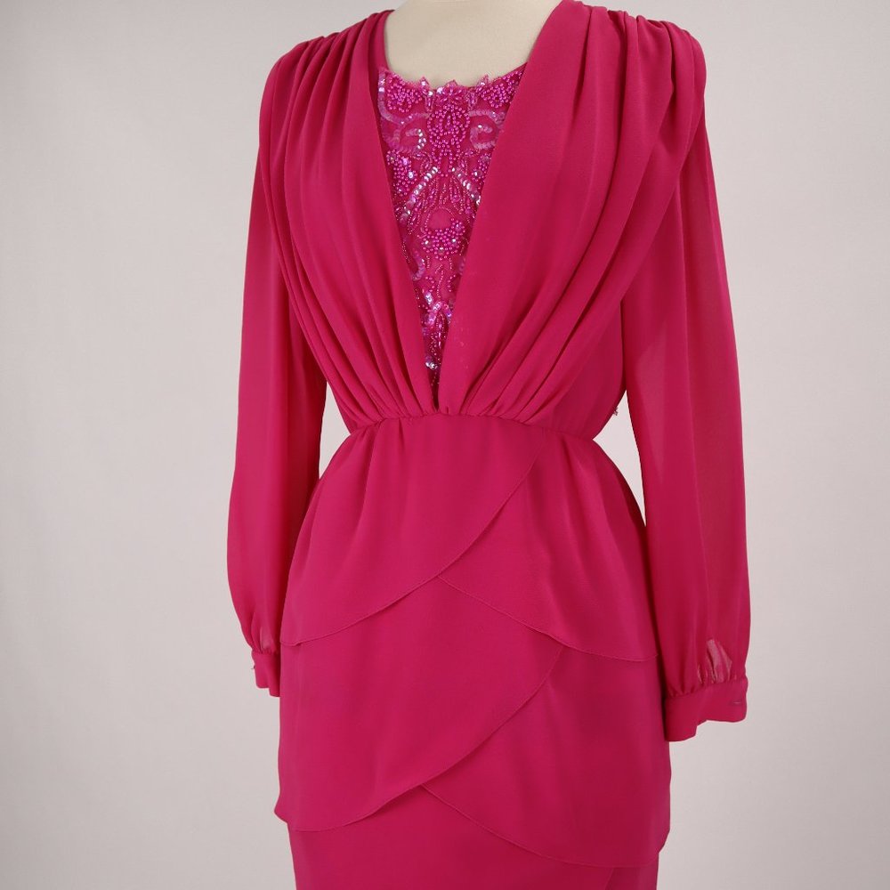 Vtg Ursula of Switzerland 80's Pink Sequin Beaded Tiered Party Dress Gown Formal - Picture 2 of 10